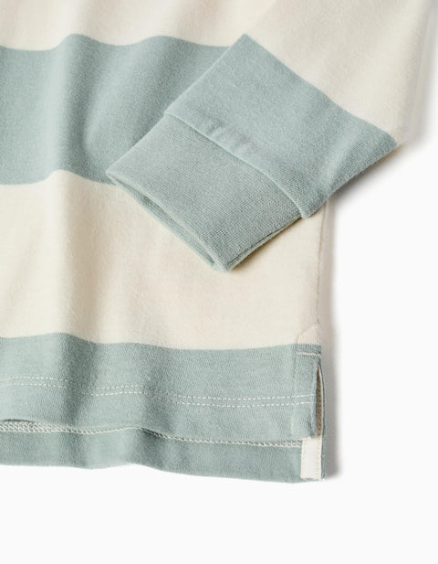 Long Sleeve Polo Shirt with Stripes for Boys, White/Light Green
