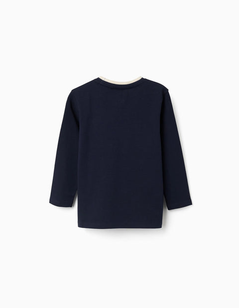 Long Sleeve Cotton T-Shirt with Print and Pocket for Boys, Dark Blue
