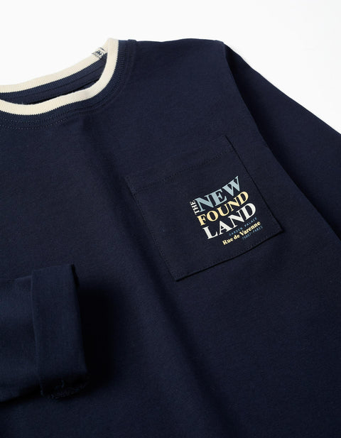 Long Sleeve Cotton T-Shirt with Print and Pocket for Boys, Dark Blue