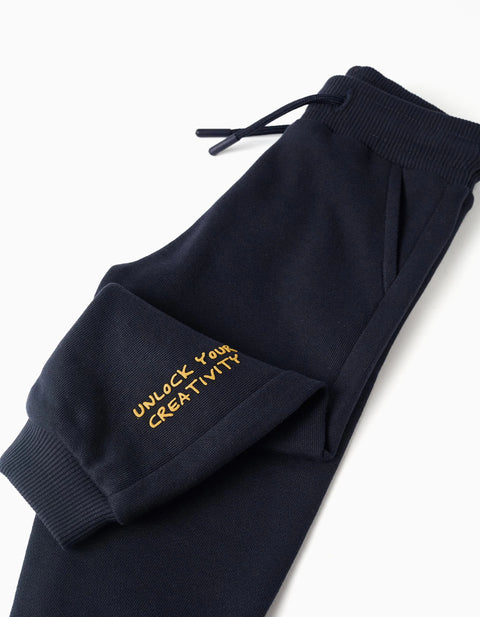 Cotton joggers with Creativity print for baby boys, dark blue