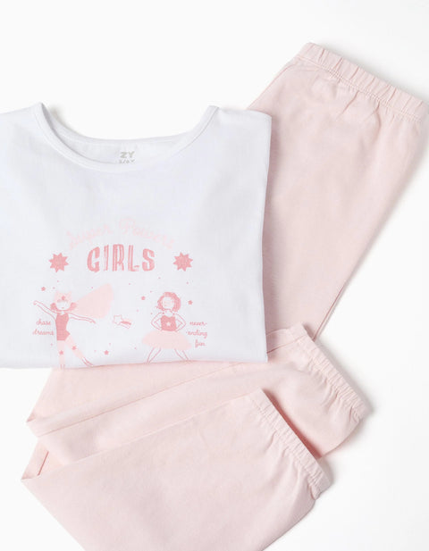 Long Sleeve Pyjamas with Super Power Girls Print for Girls, Light Pink