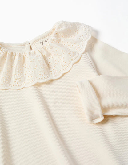 Long Sleeve Ribbed Cotton T-shirt with Broderie Anglaise for Girls, White
