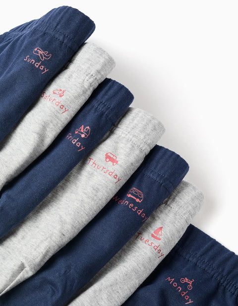 Pack of 7 Cotton Briefs with Weekdays Print for Boys, Blue/Grey