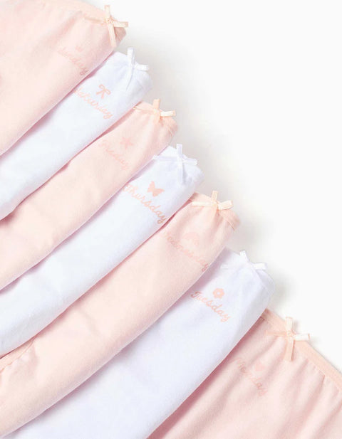 Pack of 7 Cotton Briefs with Weekdays Print for Girls, Pink/White