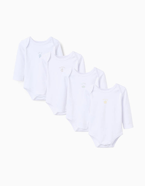 Pack of 4 Bodysuits with Chest Print for Newborns and Babies, White