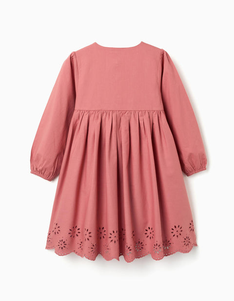 Long Sleeve Poplin Dress with Broderie Anglaise for Girls, Pink