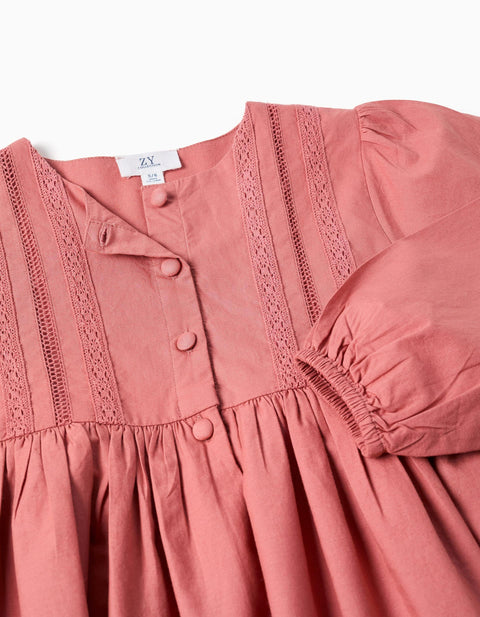 Long Sleeve Poplin Dress with Broderie Anglaise for Girls, Pink