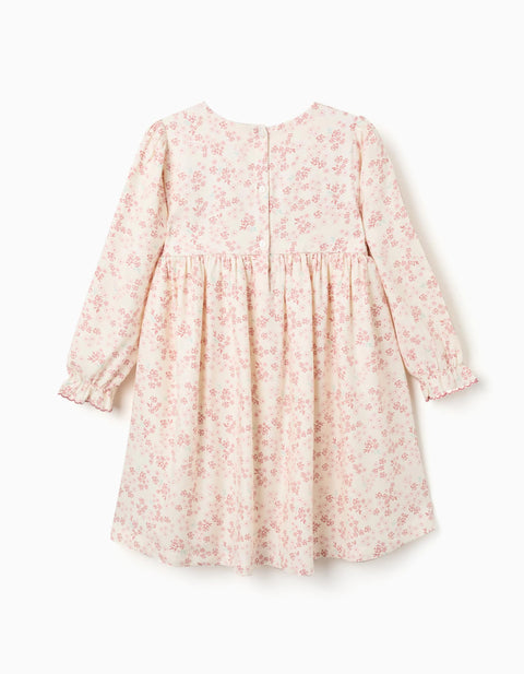 Long Sleeve Floral Dress with Lining for Girls, Light Beige/Pink