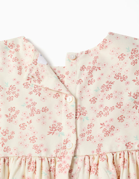 Long Sleeve Floral Dress with Lining for Girls, Light Beige/Pink