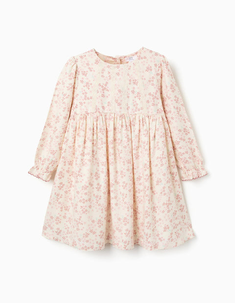 Long Sleeve Floral Dress with Lining for Girls, Light Beige/Pink