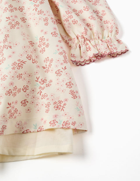 Long Sleeve Floral Dress with Lining for Girls, Light Beige/Pink
