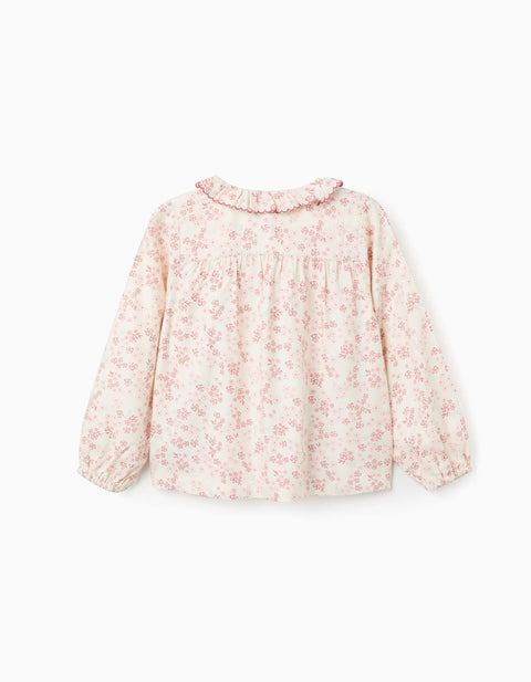 Long Sleeve Floral Blouse with Ruffles for Girls, Light Beige/Pink