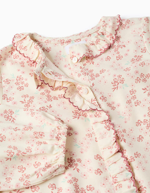 Long Sleeve Floral Blouse with Ruffles for Girls, Light Beige/Pink