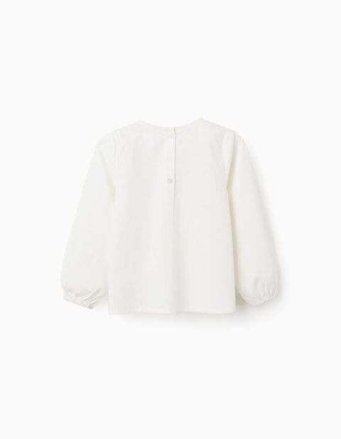 Long Sleeve Poplin Blouse with Front Pleats for Girls, White