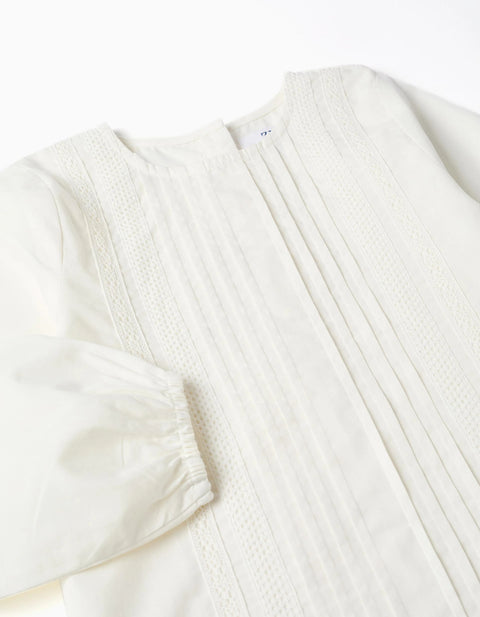 Long Sleeve Poplin Blouse with Front Pleats for Girls, White