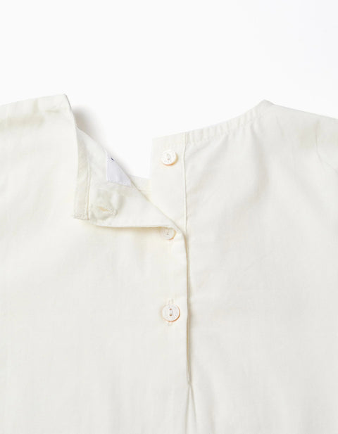 Long Sleeve Poplin Blouse with Front Pleats for Girls, White
