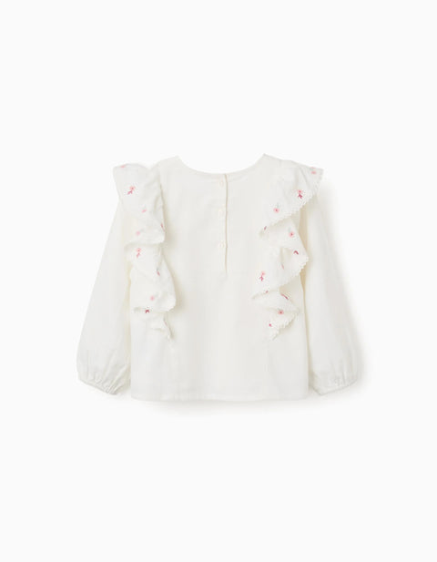 Long Sleeve Twill Blouse with Ruffles and Flowers for Girls, White