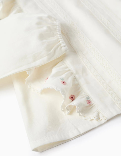 Long Sleeve Twill Blouse with Ruffles and Flowers for Girls, White