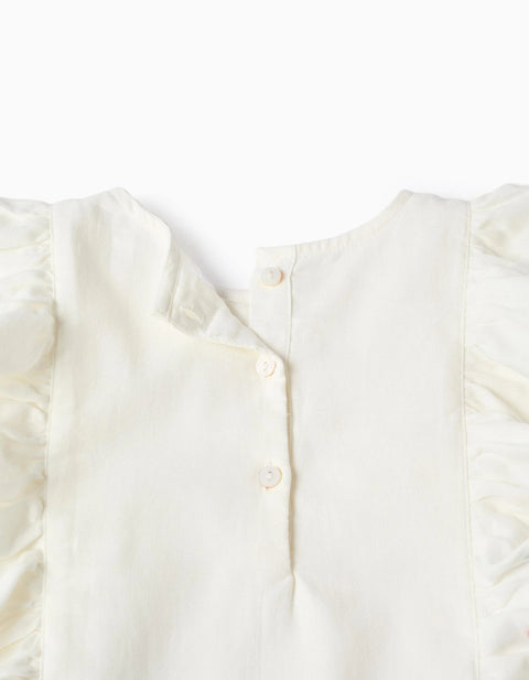 Long Sleeve Twill Blouse with Ruffles and Flowers for Girls, White