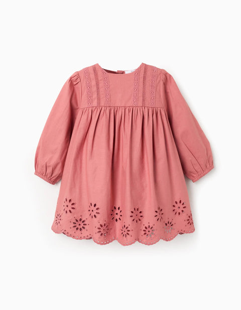 Long sleeve poplin dress with broderie anglaise for baby girls, pink
