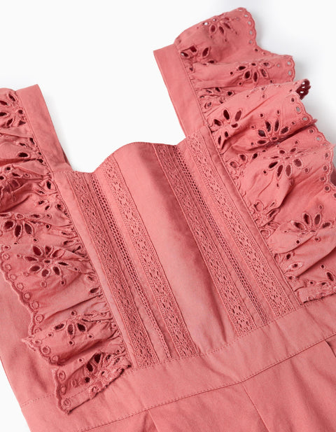 Poplin Jumpsuit with Ruffles and Broderie Anglaise for Girls, Pink