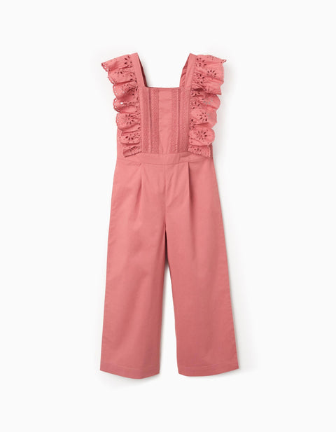Poplin Jumpsuit with Ruffles and Broderie Anglaise for Girls, Pink