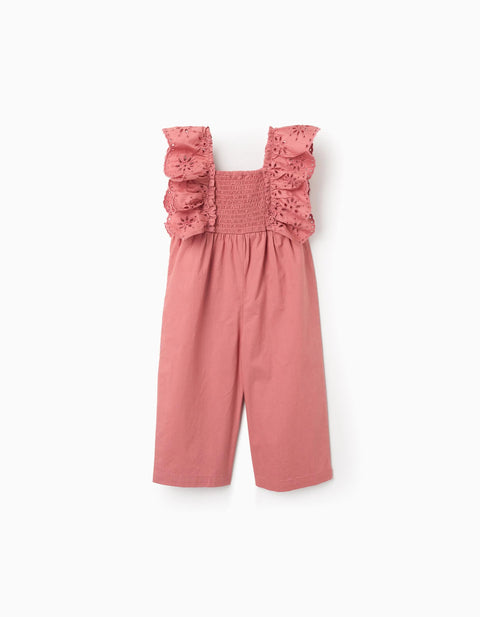 Poplin jumpsuit with ruffles and broderie anglaise for baby girls, pink
