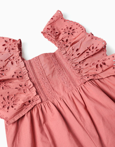 Poplin jumpsuit with ruffles and broderie anglaise for baby girls, pink
