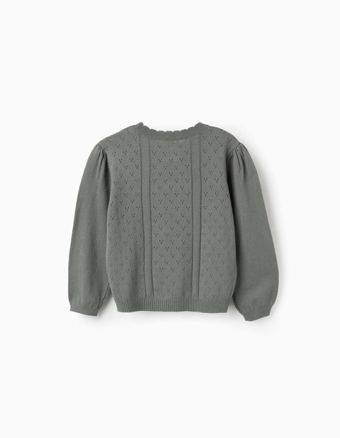 Cotton Openwork Knit Jumper B&S for Girls, Dark Green