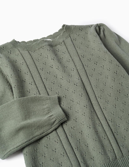 Cotton Openwork Knit Jumper B&S for Girls, Dark Green