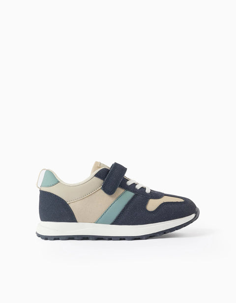 Combined Trainers with Touch-Fastening Strap for Boys, Beige/Blue