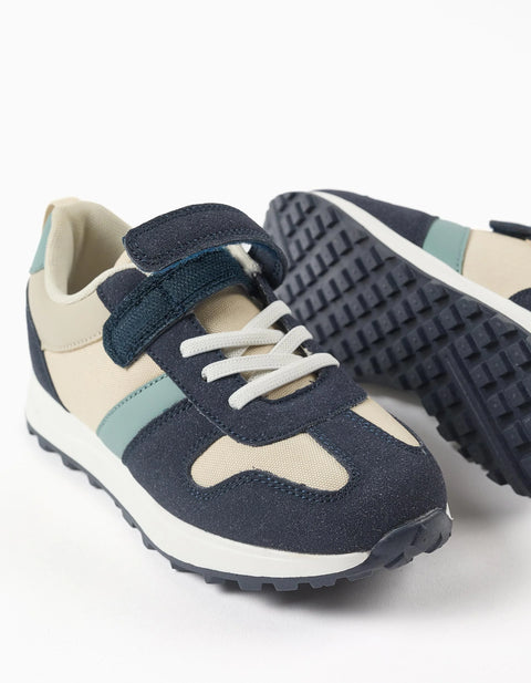 Combined Trainers with Touch-Fastening Strap for Boys, Beige/Blue