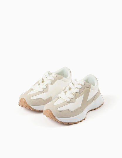 Combined Trainers with Laces Superlight Runner for Girls, White/Beige