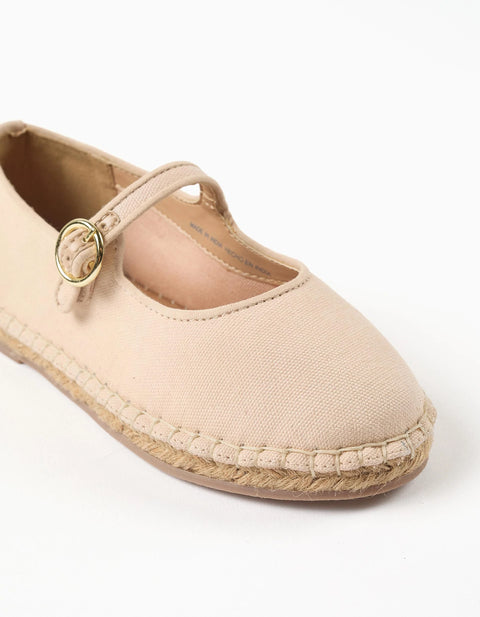 Canvas Ballerina Shoes with Buckle B&S for Girls, Light Beige