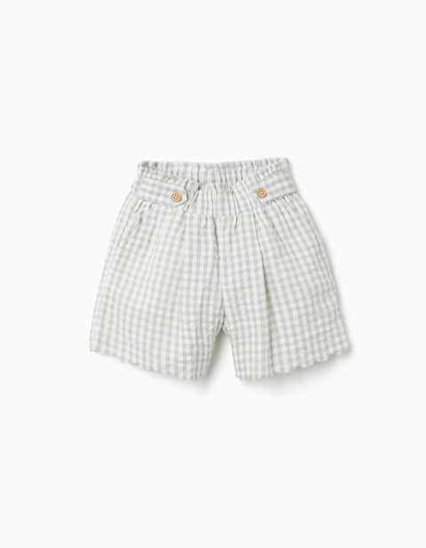 Cotton Shorts with Vichy Pattern B&S for Girls, White/Light Green