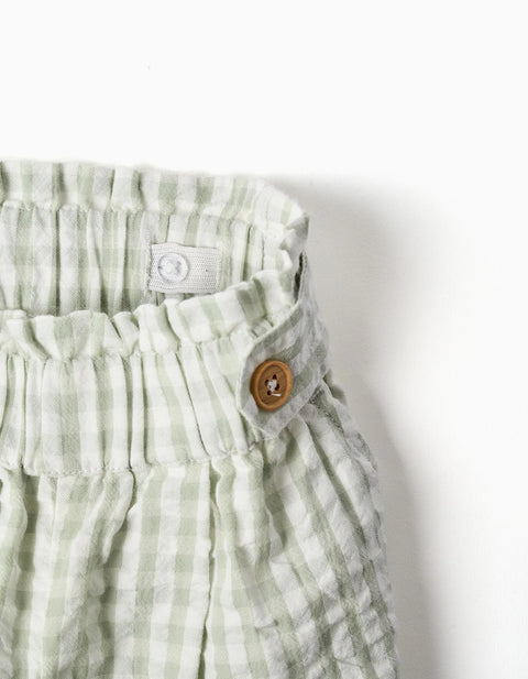 Cotton Shorts with Vichy Pattern B&S for Girls, White/Light Green