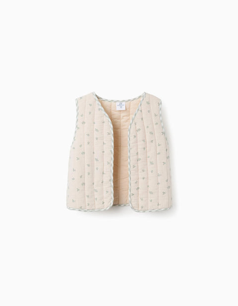 Padded Cotton Vest with Floral Motif B&S for Girls, Beige/Green