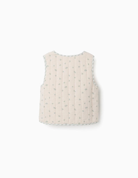 Padded Cotton Vest with Floral Motif B&S for Girls, Beige/Green