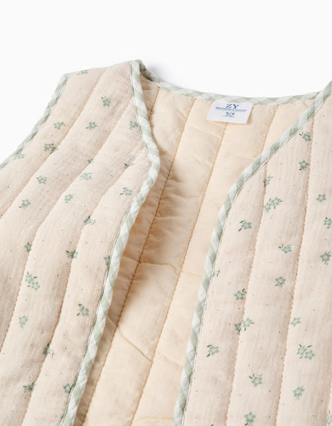 Padded Cotton Vest with Floral Motif B&S for Girls, Beige/Green