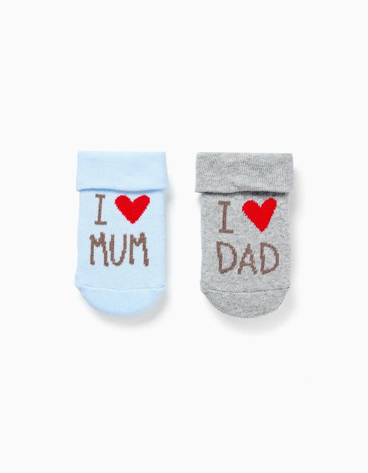 2 terry socks with Mum & Dad print for newborn and baby boys, blue/grey