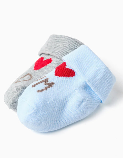2 terry socks with Mum & Dad print for newborn and baby boys, blue/grey