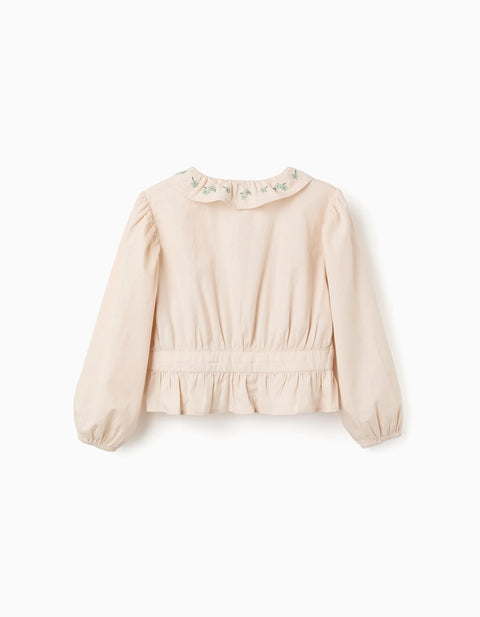Poplin Blouse with Ruffles and Balloon Sleeves B&S for Girls, Beige