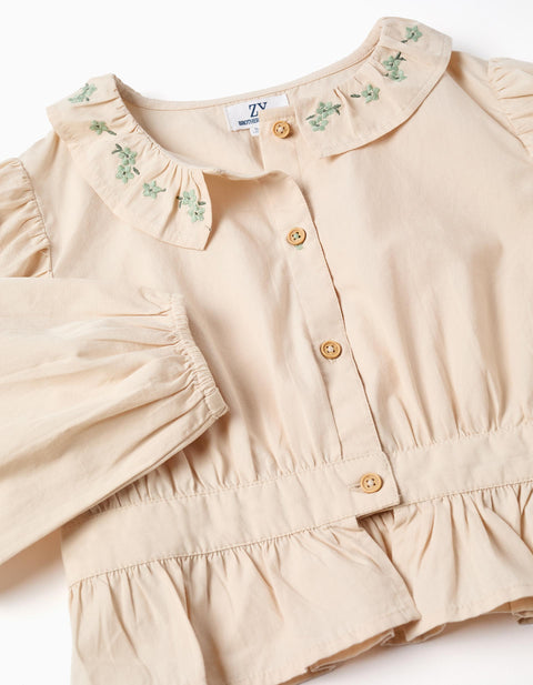Poplin Blouse with Ruffles and Balloon Sleeves B&S for Girls, Beige