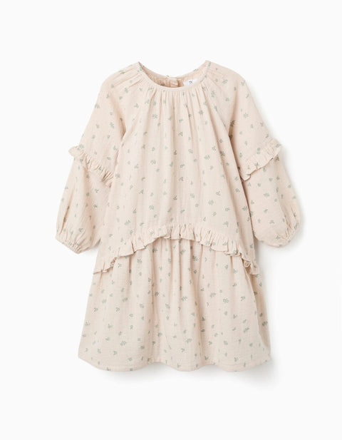 Cotton Bambula Dress with Floral Motif B&S for Girls, Beige/Green