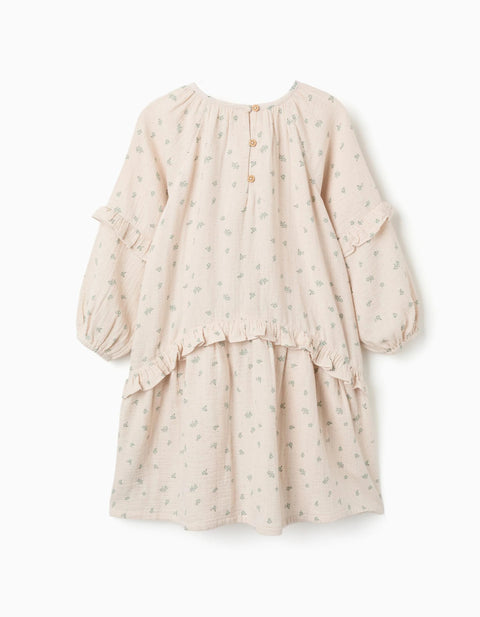 Cotton Bambula Dress with Floral Motif B&S for Girls, Beige/Green