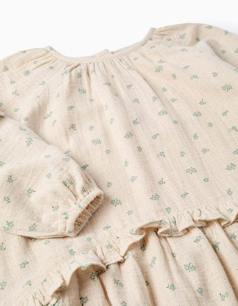 Cotton Bambula Dress with Floral Motif B&S for Girls, Beige/Green
