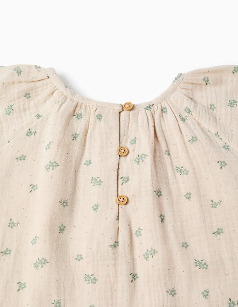 Cotton Bambula Dress with Floral Motif B&S for Girls, Beige/Green
