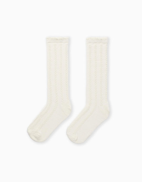 Knee High Socks with Cable Knit Details for Girls, White