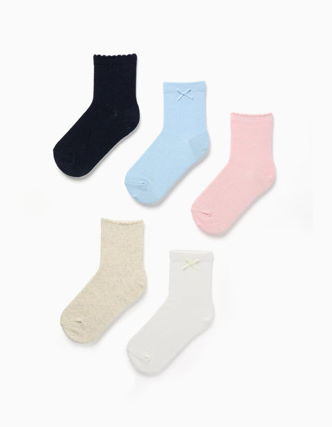 Pack of 5 Pairs of Plain Socks for Girls, Pink/White/Beige/Blue