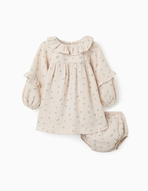 Floral Cotton Dress + Bloomers B&S for Baby Girls, Beige/Green